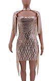 Red Women Fashion Sexy Sequins Tassel Mesh Spaghetti Mini Dress CCY8033-2