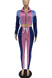 Blue Modest Spliced Long Sleeve Zipper Crop Tops Bodycon Pants Jean Legging  Sets ZQ8125-3
