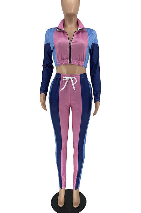 Blue Modest Spliced Long Sleeve Zipper Crop Tops Bodycon Pants Jean Legging  Sets ZQ8125-3