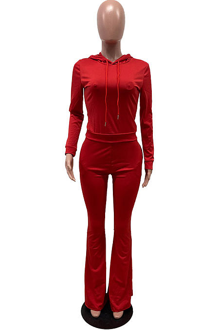 Black Wholesale Cotton Blend Long Sleeve Hoodie Flare Pants Slim Fitting Solid Color Sets YYF8249-8