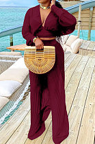 Wine Red Newest Chiffon Long Sleeve Deep V Collar Crop Blouse High Waist Wide Leg Pants Two-Piece SZS8185-1