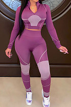 Purple Wholesale Ribber Digital Print Long Sleeve Zipper Stand Neck Crop Tops Pencil Pants Casual Sets SZS8187-1
