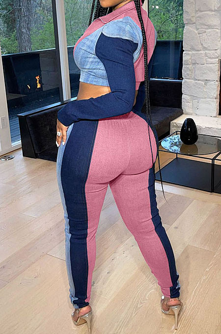 Blue Modest Spliced Long Sleeve Zipper Crop Tops Bodycon Pants Jean Legging  Sets ZQ8125-3