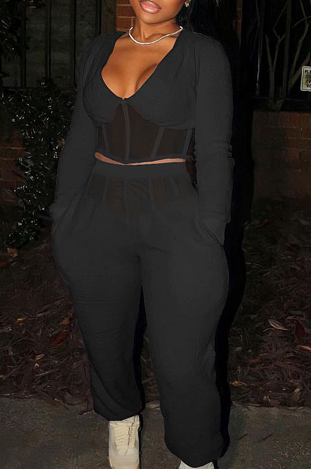 Black Sexy Mesh Spliced Long Sleeve V Neck Tops Loose Ankle Banded Pants Casual Sets YYF8254-1