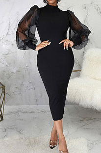 Black Wholesale New Mesh Spliced Puff Sleeve O Neck Collect Waist For Party Pencil Dress SMR10564-3