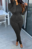 Blue Casual Modest Women Long Sleeve O Neck T-Shirts Pencil Pants Ruffle Solid Color Sets TRS1183-5