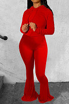 Red Wholesale Cotton Blend Long Sleeve Hoodie Flare Pants Slim Fitting Solid Color Sets YYF8249-2
