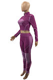Purple Wholesale Ribber Digital Print Long Sleeve Zipper Stand Neck Crop Tops Pencil Pants Casual Sets SZS8187-1