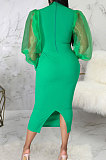 Yellow Wholesale New Mesh Spliced Puff Sleeve O Neck Collect Waist For Party Pencil Dress SMR10564-2