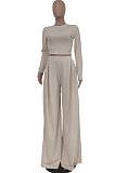 Rose Red Fashion Casual Long Sleeve Round Neck T-Shirts High Waist Wide Leg Pants Solid Color Sets TRS1179-1