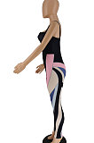 Black Women Trendy Printing Stripe Condole Belt Tight Mid Waist Sport Jumpsuits PU6098