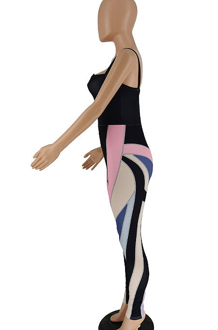 Black Women Trendy Printing Stripe Condole Belt Tight Mid Waist Sport Jumpsuits PU6098