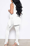 Black Personality Pure Color Sleeveless High Neck Tops Ruffle Trousers Casual Sets YYF8247-2