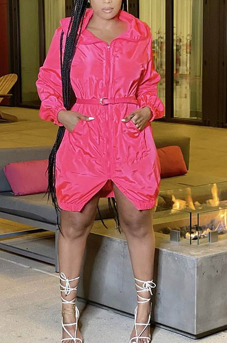 Rose Red Women Fashion Split Wind Coat Cloth Pure Color Mid Waist Hooded Zipper Mini Dress GL6512-1