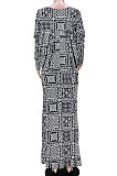 Black Women Long Sleeve Round Collar Fashion Flounce Tops High Split Skirts Sets GL6515