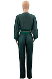 Navy Cyan Newest Chiffon Long Sleeve Deep V Collar Crop Blouse High Waist Wide Leg Pants Two-Piece SZS8185-2