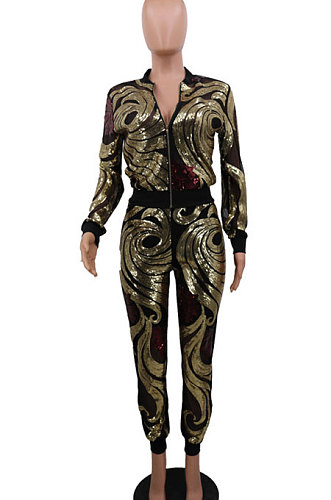 Blue Women Cardigan Zipper Long Sleeve Fashion Sequins Coat Pants Sets CCY8236