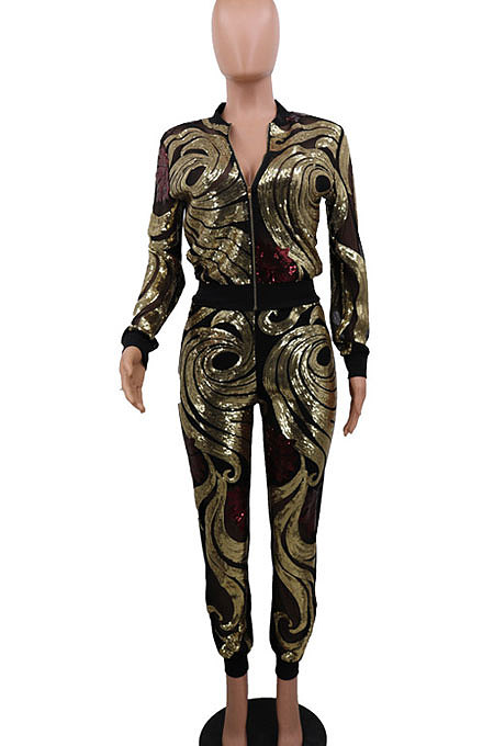 Blue Women Cardigan Zipper Long Sleeve Fashion Sequins Coat Pants Sets CCY8236