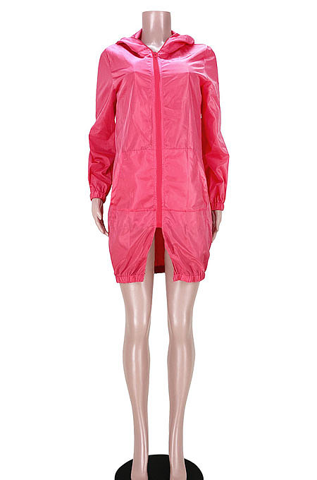 Rose Red Women Fashion Split Wind Coat Cloth Pure Color Mid Waist Hooded Zipper Mini Dress GL6512-1