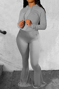 Gray Wholesale Cotton Blend Long Sleeve Hoodie Flare Pants Slim Fitting Solid Color Sets YYF8249-3