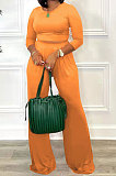 Orange Fashion Casual Long Sleeve Round Neck T-Shirts High Waist Wide Leg Pants Solid Color Sets TRS1179-4
