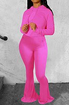 Rose Red Wholesale Cotton Blend Long Sleeve Hoodie Flare Pants Slim Fitting Solid Color Sets YYF8249-7