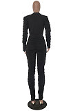 Blue Casual Modest Women Long Sleeve O Neck T-Shirts Pencil Pants Ruffle Solid Color Sets TRS1183-5