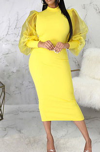 Yellow Wholesale New Mesh Spliced Puff Sleeve O Neck Collect Waist For Party Pencil Dress SMR10564-2