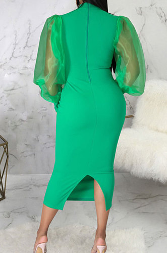Green Wholesale New Mesh Spliced Puff Sleeve O Neck Collect Waist For Party Pencil Dress SMR10564-1