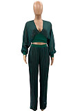 Navy Cyan Newest Chiffon Long Sleeve Deep V Collar Crop Blouse High Waist Wide Leg Pants Two-Piece SZS8185-2