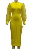 Yellow Wholesale New Mesh Spliced Puff Sleeve O Neck Collect Waist For Party Pencil Dress SMR10564-2