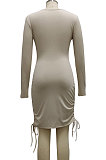 Green Cotton Blend Simple Long Sleeve Drawsting Solid Color Slim Fitting Hip Dress SMR10606-4