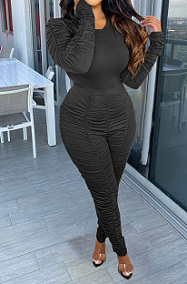 Black Casual Modest Women Long Sleeve O Neck T-Shirts Pencil Pants Ruffle Solid Color Sets TRS1183-1