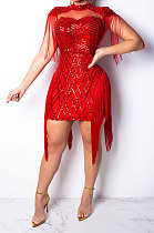 Red Women Fashion Sexy Sequins Tassel Mesh Spaghetti Mini Dress CCY8033-2