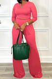 Orange Fashion Casual Long Sleeve Round Neck T-Shirts High Waist Wide Leg Pants Solid Color Sets TRS1179-4