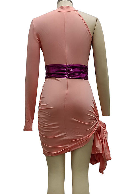 Pink Sexy Personality Spliced One Sleeve Hollow Out Collect Waist Slim Fitting For Party Hip Dress SMR10644-2