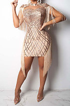 Apricot Women Fashion Sexy Sequins Tassel Mesh Spaghetti Mini Dress CCY8033-1