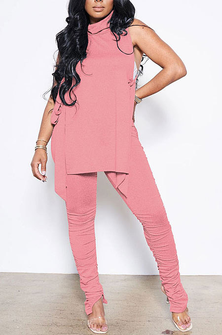 White Personality Pure Color Sleeveless High Neck Tops Ruffle Trousers Casual Sets YYF8247-1