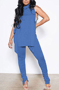 Blue Personality Pure Color Sleeveless High Neck Tops Ruffle Trousers Casual Sets YYF8247-3
