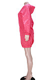 Rose Red Women Fashion Split Wind Coat Cloth Pure Color Mid Waist Hooded Zipper Mini Dress GL6512-1