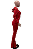 Red Wholesale Cotton Blend Long Sleeve Hoodie Flare Pants Slim Fitting Solid Color Sets YYF8249-2
