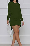 Green Cotton Blend Simple Long Sleeve Drawsting Solid Color Slim Fitting Hip Dress SMR10606-4