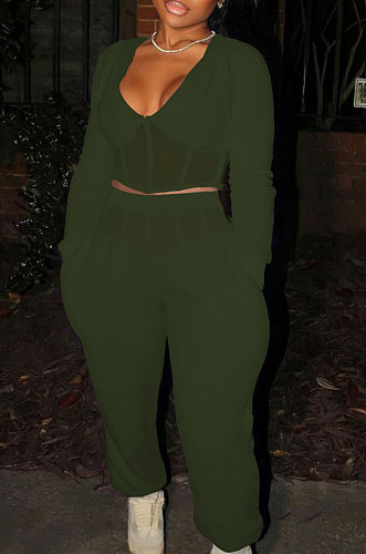 Drak Green Sexy Mesh Spliced Long Sleeve V Neck Tops Loose Ankle Banded Pants Casual Sets YYF8254-4