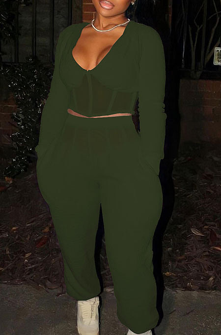 Drak Green Sexy Mesh Spliced Long Sleeve V Neck Tops Loose Ankle Banded Pants Casual Sets YYF8254-4
