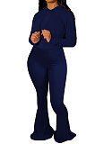 Navy Blue Wholesale Cotton Blend Long Sleeve Hoodie Flare Pants Slim Fitting Solid Color Sets YYF8249-4
