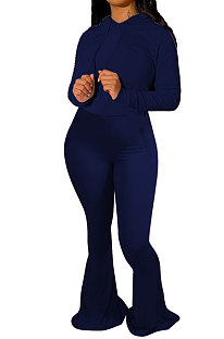 Navy Blue Wholesale Cotton Blend Long Sleeve Hoodie Flare Pants Slim Fitting Solid Color Sets YYF8249-4
