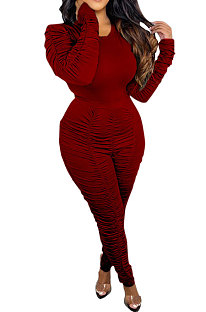 Wine Red Casual Modest Women Long Sleeve O Neck T-Shirts Pencil Pants Ruffle Solid Color Sets TRS1183-3