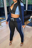 Blue Modest Spliced Long Sleeve Zipper Crop Tops Bodycon Pants Jean Legging  Sets ZQ8125-3