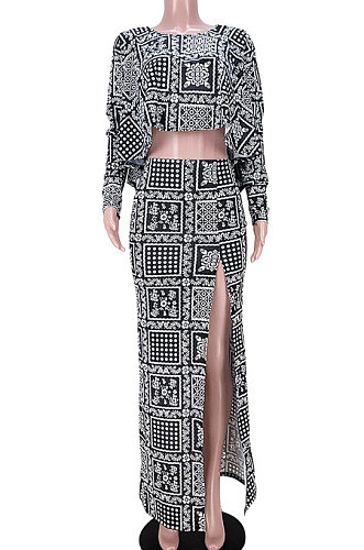 Black Women Long Sleeve Round Collar Fashion Flounce Tops High Split Skirts Sets GL6515