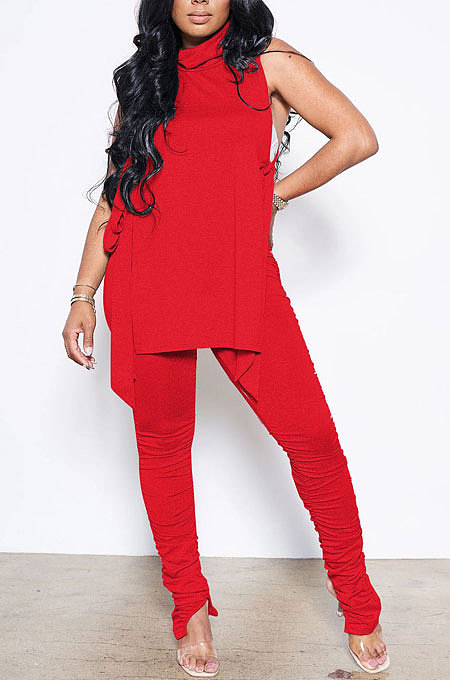 White Personality Pure Color Sleeveless High Neck Tops Ruffle Trousers Casual Sets YYF8247-1